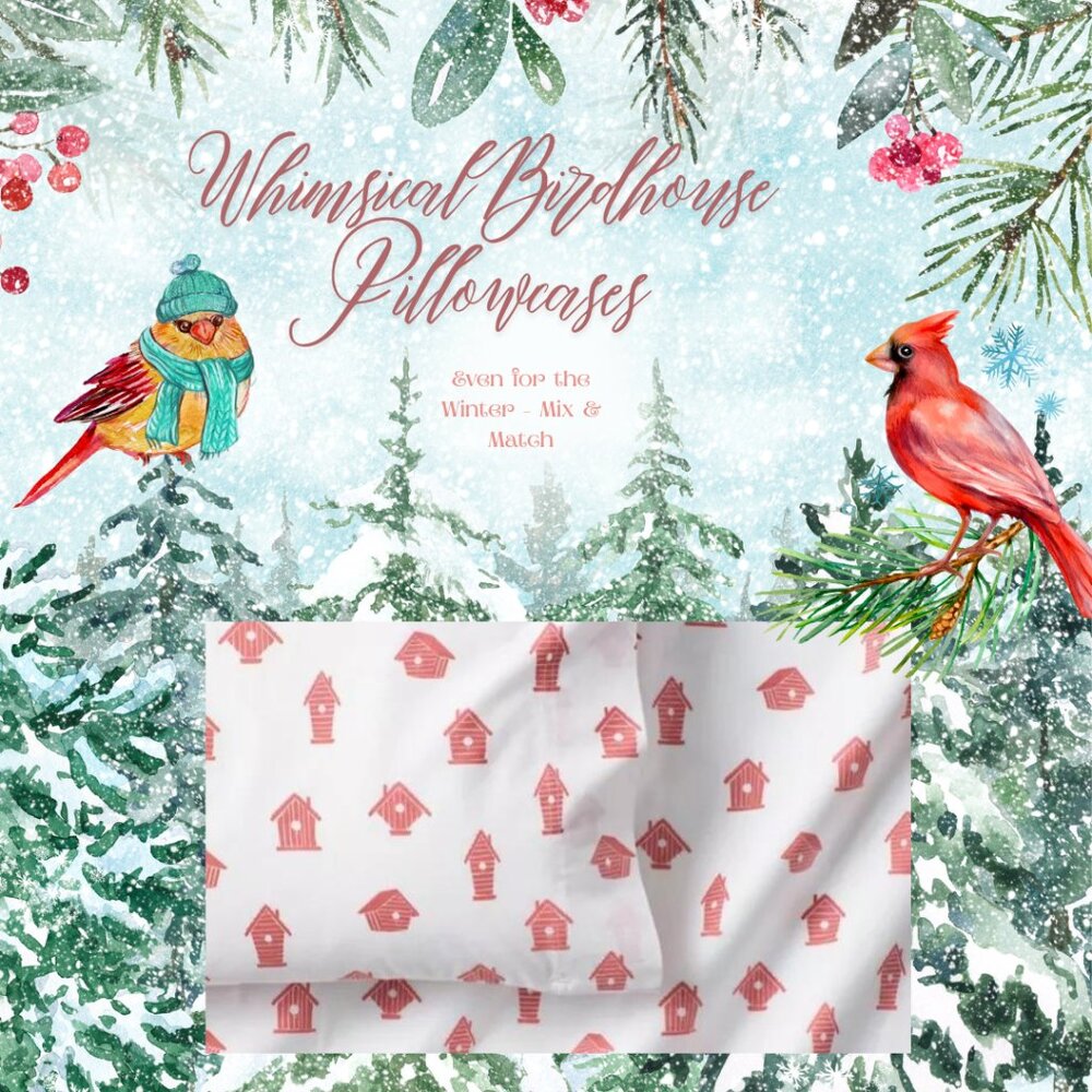 Garnet Hill King Pillowcases Set Garden Birdhouse Bedding Orange White